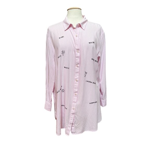 Pink White Stripe Jasmine & Ginger Long Sleeve Button Shirt Embroidered Beach L - Picture 1 of 8